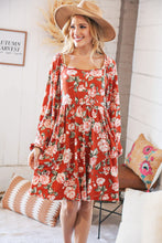 Load image into Gallery viewer, Red Rust Floral Square Neck Button Babydoll Dress
