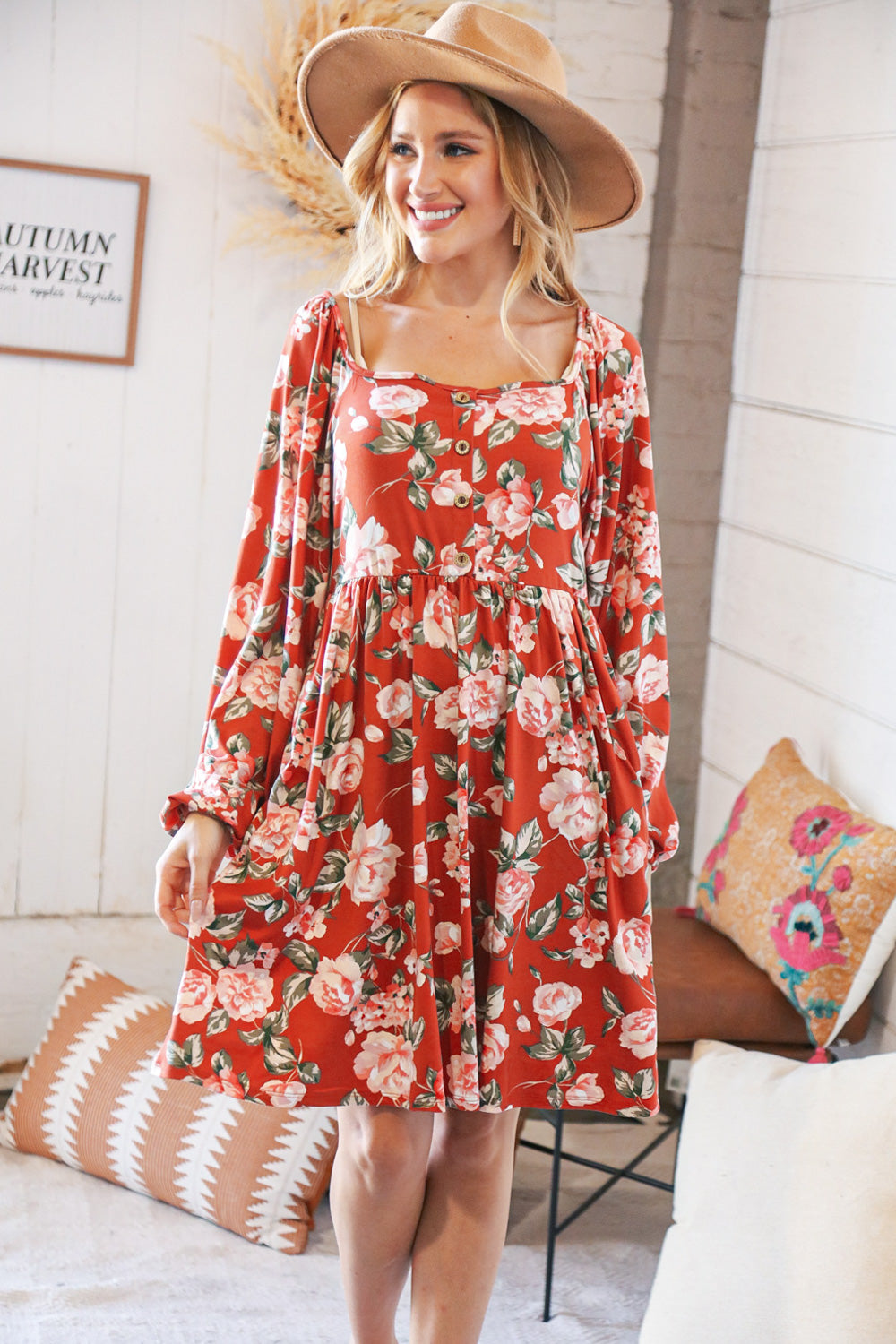 Red Rust Floral Square Neck Button Babydoll Dress