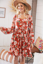 Load image into Gallery viewer, Red Rust Floral Square Neck Button Babydoll Dress
