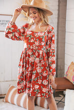 Load image into Gallery viewer, Red Rust Floral Square Neck Button Babydoll Dress
