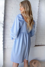 Load image into Gallery viewer, Blue Jacquard Plaid Square Neck Ruffle Sleeve Dress
