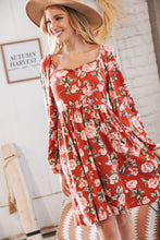 Load image into Gallery viewer, Red Rust Floral Square Neck Button Babydoll Dress
