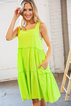 Load image into Gallery viewer, Neon Green Crepe Square Neck Tiered Frill Dress
