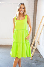 Load image into Gallery viewer, Neon Green Crepe Square Neck Tiered Frill Dress
