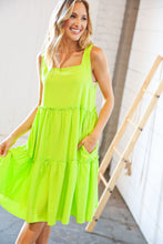 Load image into Gallery viewer, Neon Green Crepe Square Neck Tiered Frill Dress
