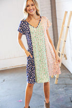 Load image into Gallery viewer, Mint Vertical Ditzy Floral Color Block V Neck Dress
