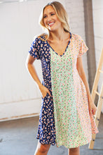 Load image into Gallery viewer, Mint Vertical Ditzy Floral Color Block V Neck Dress
