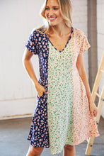 Load image into Gallery viewer, Mint Vertical Ditzy Floral Color Block V Neck Dress
