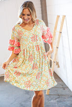 Load image into Gallery viewer, Sage &amp; Coral Floral Ruffle Sleeve Pocketed Dress
