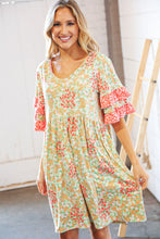 Load image into Gallery viewer, Sage &amp; Coral Floral Ruffle Sleeve Pocketed Dress
