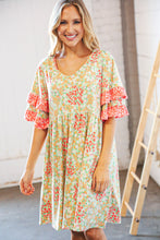 Load image into Gallery viewer, Sage &amp; Coral Floral Ruffle Sleeve Pocketed Dress
