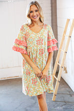 Load image into Gallery viewer, Sage &amp; Coral Floral Ruffle Sleeve Pocketed Dress
