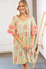 Load image into Gallery viewer, Sage &amp; Coral Floral Ruffle Sleeve Pocketed Dress
