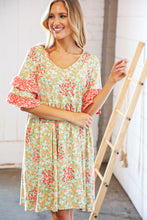 Load image into Gallery viewer, Sage &amp; Coral Floral Ruffle Sleeve Pocketed Dress
