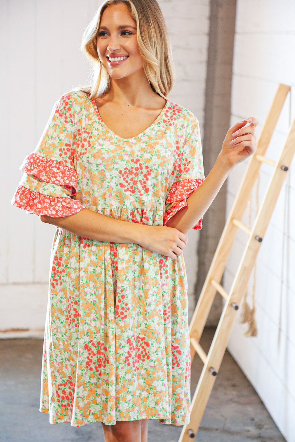 Sage & Coral Floral Ruffle Sleeve Pocketed Dress