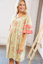 Load image into Gallery viewer, Sage &amp; Coral Floral Ruffle Sleeve Pocketed Dress
