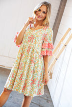 Load image into Gallery viewer, Sage &amp; Coral Floral Ruffle Sleeve Pocketed Dress
