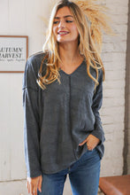 Load image into Gallery viewer, Grey Textured V Neck Drop Shoulder Cotton Pullover
