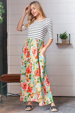 Load image into Gallery viewer, Mint Floral Stripe Fit &amp; Flare Pocketed Maxi Dress
