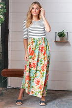 Load image into Gallery viewer, Mint Floral Stripe Fit &amp; Flare Pocketed Maxi Dress
