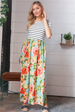 Load image into Gallery viewer, Mint Floral Stripe Fit &amp; Flare Pocketed Maxi Dress
