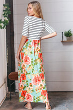 Load image into Gallery viewer, Mint Floral Stripe Fit &amp; Flare Pocketed Maxi Dress
