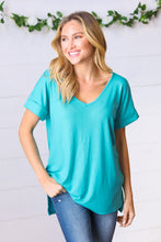 Load image into Gallery viewer, Bright Teal Ribbed V Neck Hi-Low Slit Top
