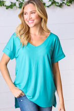 Load image into Gallery viewer, Bright Teal Ribbed V Neck Hi-Low Slit Top
