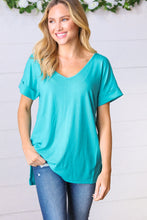 Load image into Gallery viewer, Bright Teal Ribbed V Neck Hi-Low Slit Top
