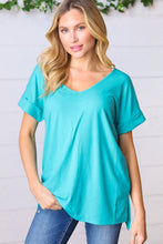 Load image into Gallery viewer, Bright Teal Ribbed V Neck Hi-Low Slit Top
