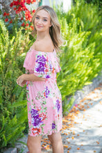 Load image into Gallery viewer, Peach Floral Ruffle Off Shoulder Dress
