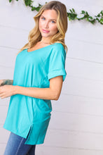 Load image into Gallery viewer, Bright Teal Ribbed V Neck Hi-Low Slit Top
