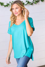 Load image into Gallery viewer, Bright Teal Ribbed V Neck Hi-Low Slit Top
