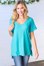 Load image into Gallery viewer, Bright Teal Ribbed V Neck Hi-Low Slit Top
