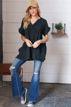 Load image into Gallery viewer, Black Cotton Banded V Neck Frayed Pocketed Top
