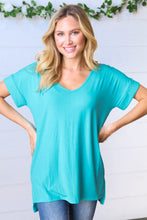 Load image into Gallery viewer, Bright Teal Ribbed V Neck Hi-Low Slit Top
