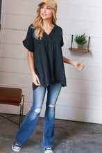 Load image into Gallery viewer, Black Cotton Banded V Neck Frayed Pocketed Top
