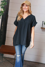 Load image into Gallery viewer, Black Cotton Banded V Neck Frayed Pocketed Top
