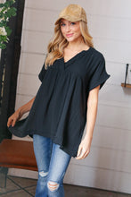 Load image into Gallery viewer, Black Cotton Banded V Neck Frayed Pocketed Top
