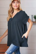 Load image into Gallery viewer, Black Cotton Banded V Neck Frayed Pocketed Top
