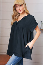 Load image into Gallery viewer, Black Cotton Banded V Neck Frayed Pocketed Top
