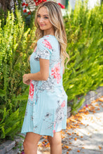 Load image into Gallery viewer, Teal Short Sleeve Big Floral Scalloped Swing Dress
