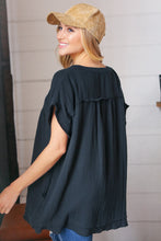 Load image into Gallery viewer, Black Cotton Banded V Neck Frayed Pocketed Top
