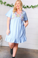 Load image into Gallery viewer, Chambray Floral Embroidery Ruffle Hem Dress
