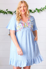 Load image into Gallery viewer, Chambray Floral Embroidery Ruffle Hem Dress
