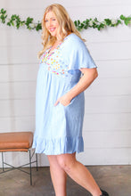 Load image into Gallery viewer, Chambray Floral Embroidery Ruffle Hem Dress
