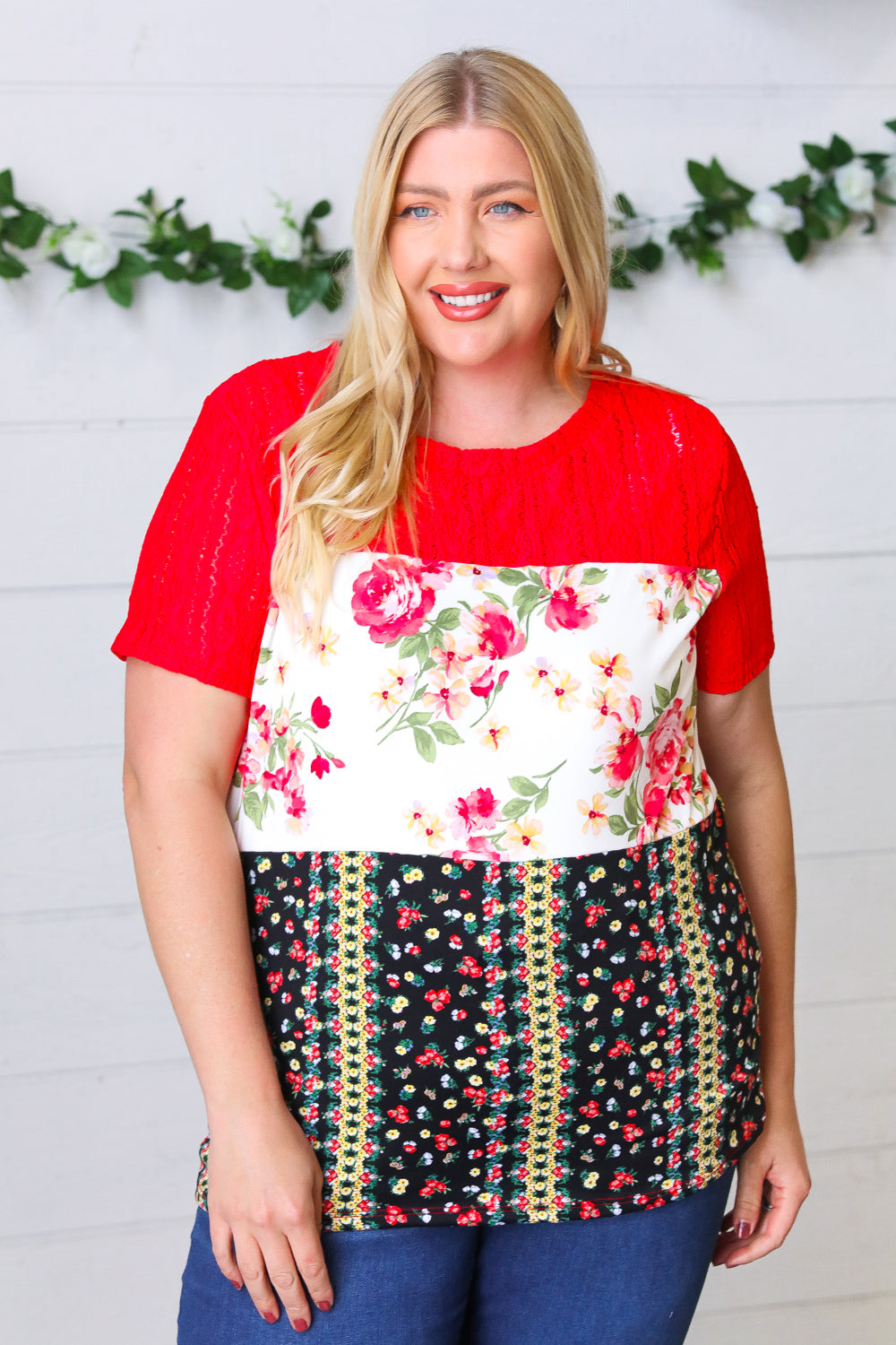 Cherry Red Lace & Floral Color Block Top