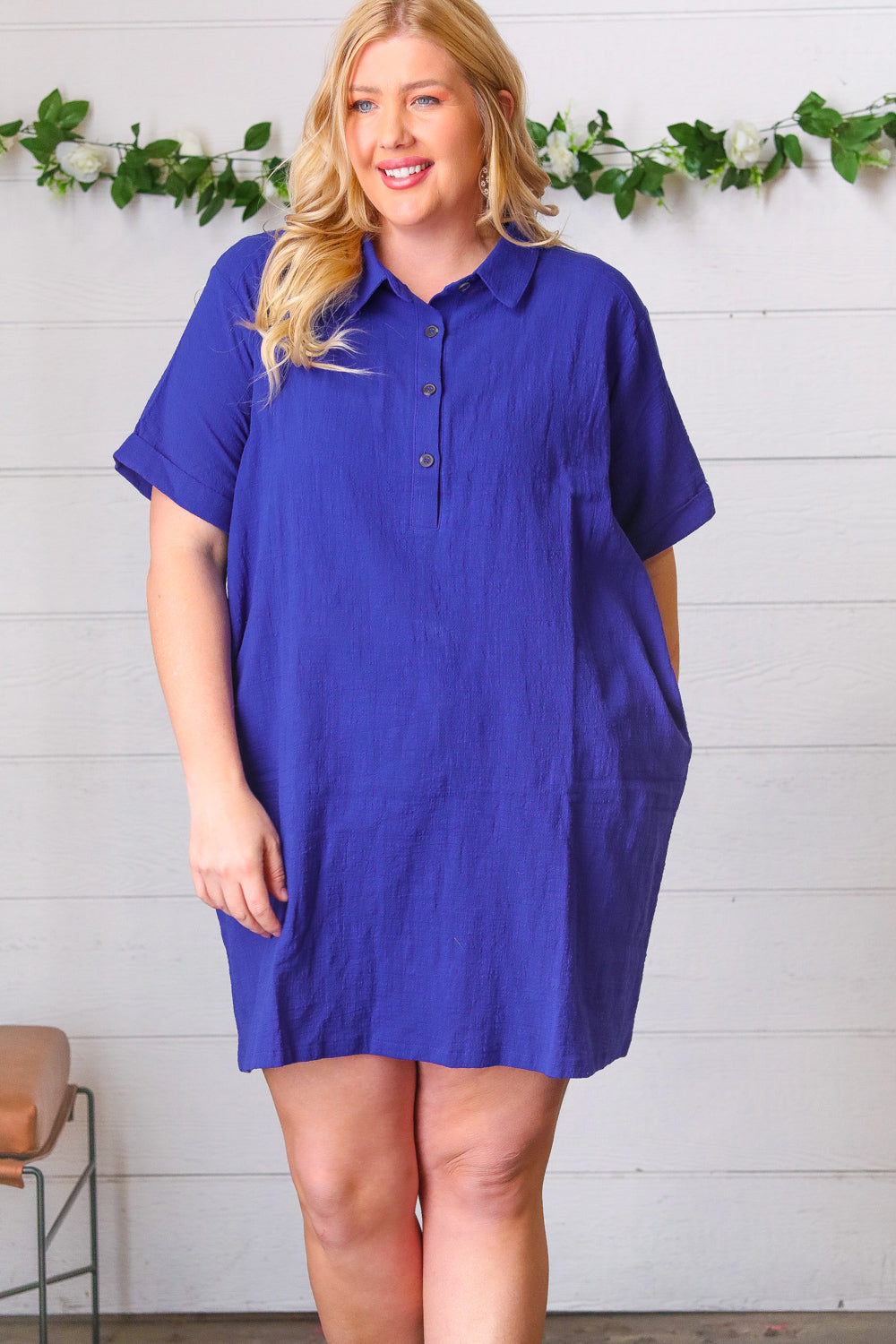 Off Blue Cotton Placard Yoke Midi Dress