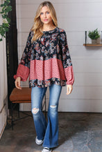 Load image into Gallery viewer, Black &amp; Mauve Boho Floral Tiered Yoke Top
