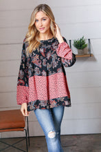 Load image into Gallery viewer, Black &amp; Mauve Boho Floral Tiered Yoke Top
